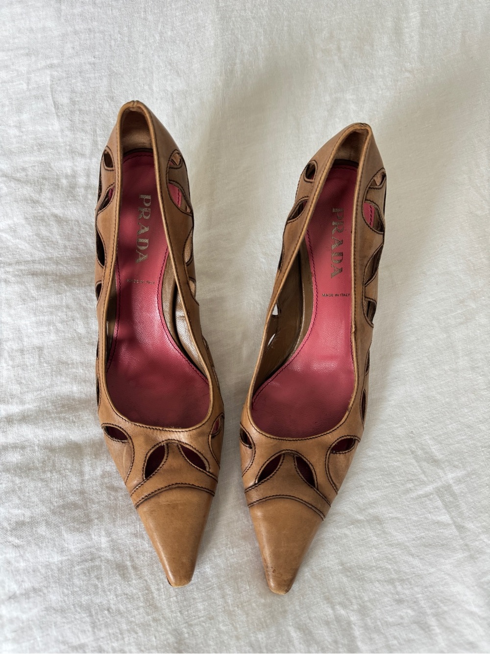 Vintage Prada Tan Camel Cutout Embroidered Pointed Toe Heels